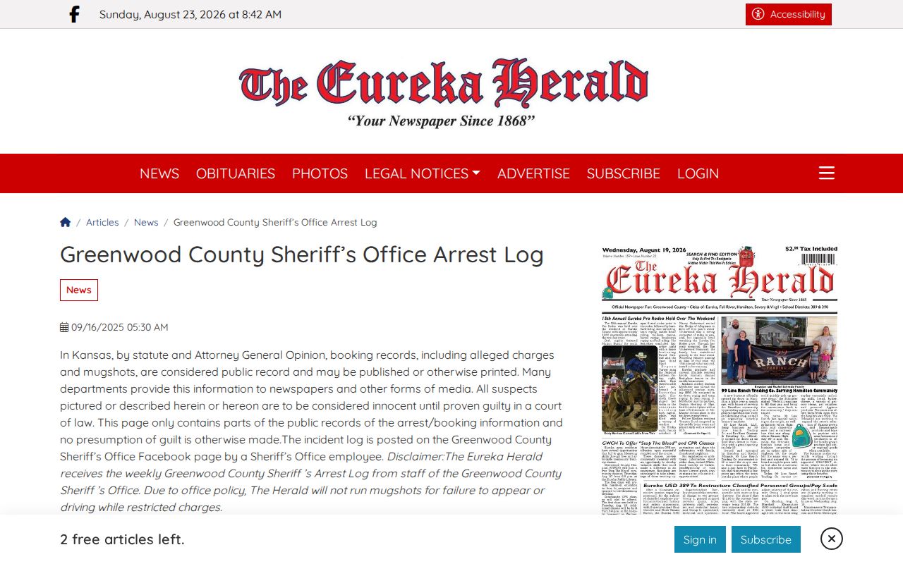 Greenwood County Eureka Herald arrest log and mugshot news source